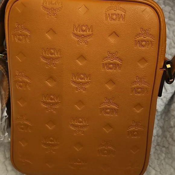 Auth MCM Tan Monogram Embossed Crossbody Bag